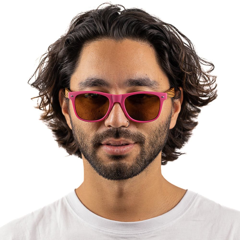 AVALON Pink Sunglasses l Mustard Wooden Striped Arms - Soek Fashion Eyewear Australia